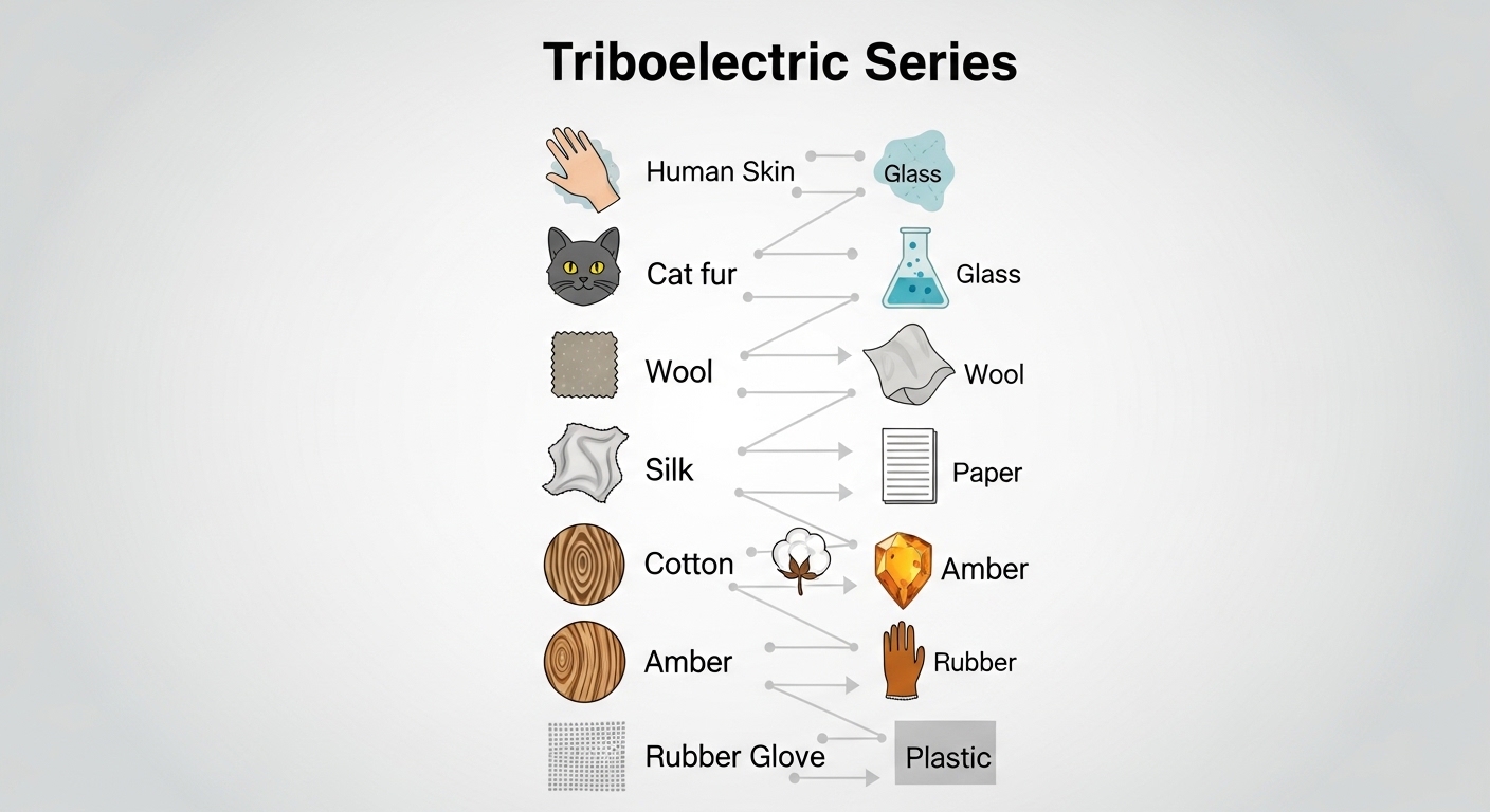 Diagram of triboelectric series showing material charge tendencies