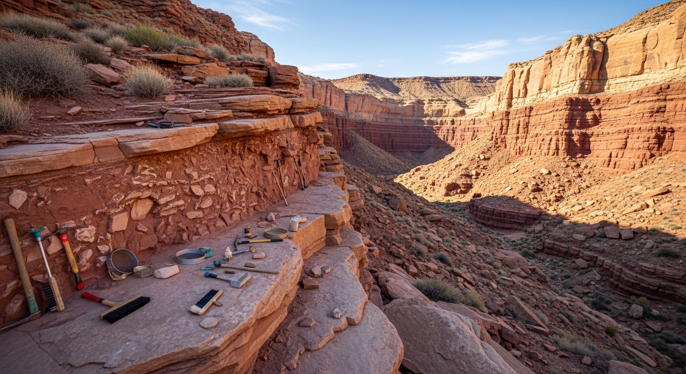 Desert canyon with exposed fossil site in sedimentary rock layers