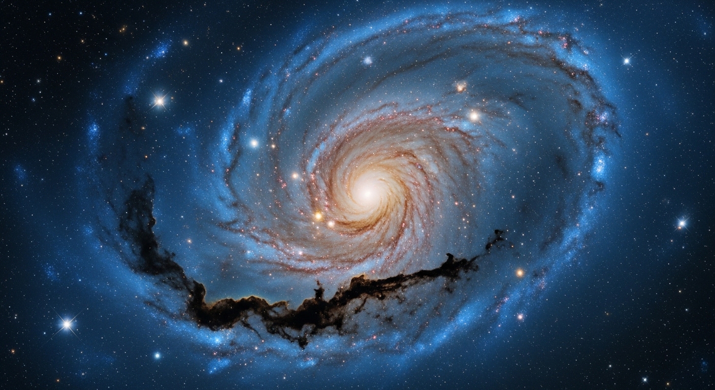 Detail lengan spiral galaksi dengan awan gas dan bintang