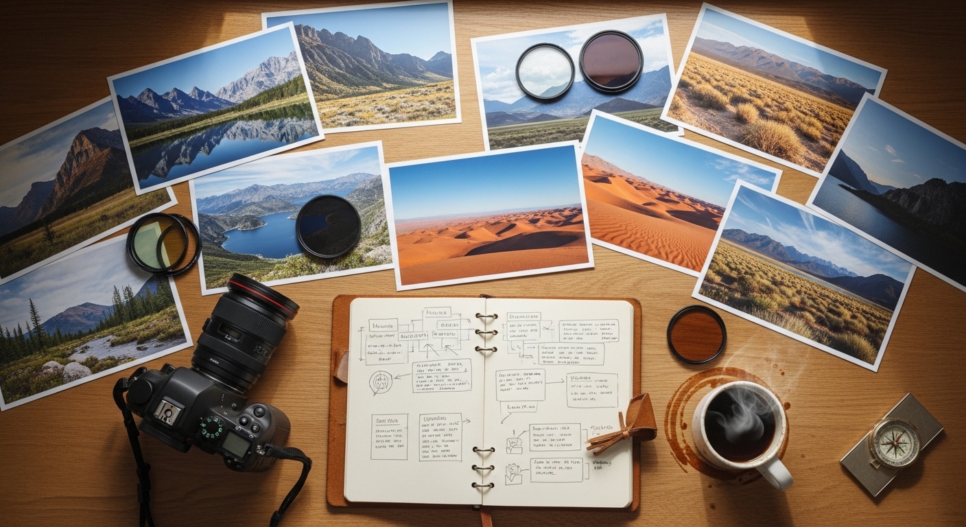 Meja fotografer dengan foto lanskap dan catatan desain