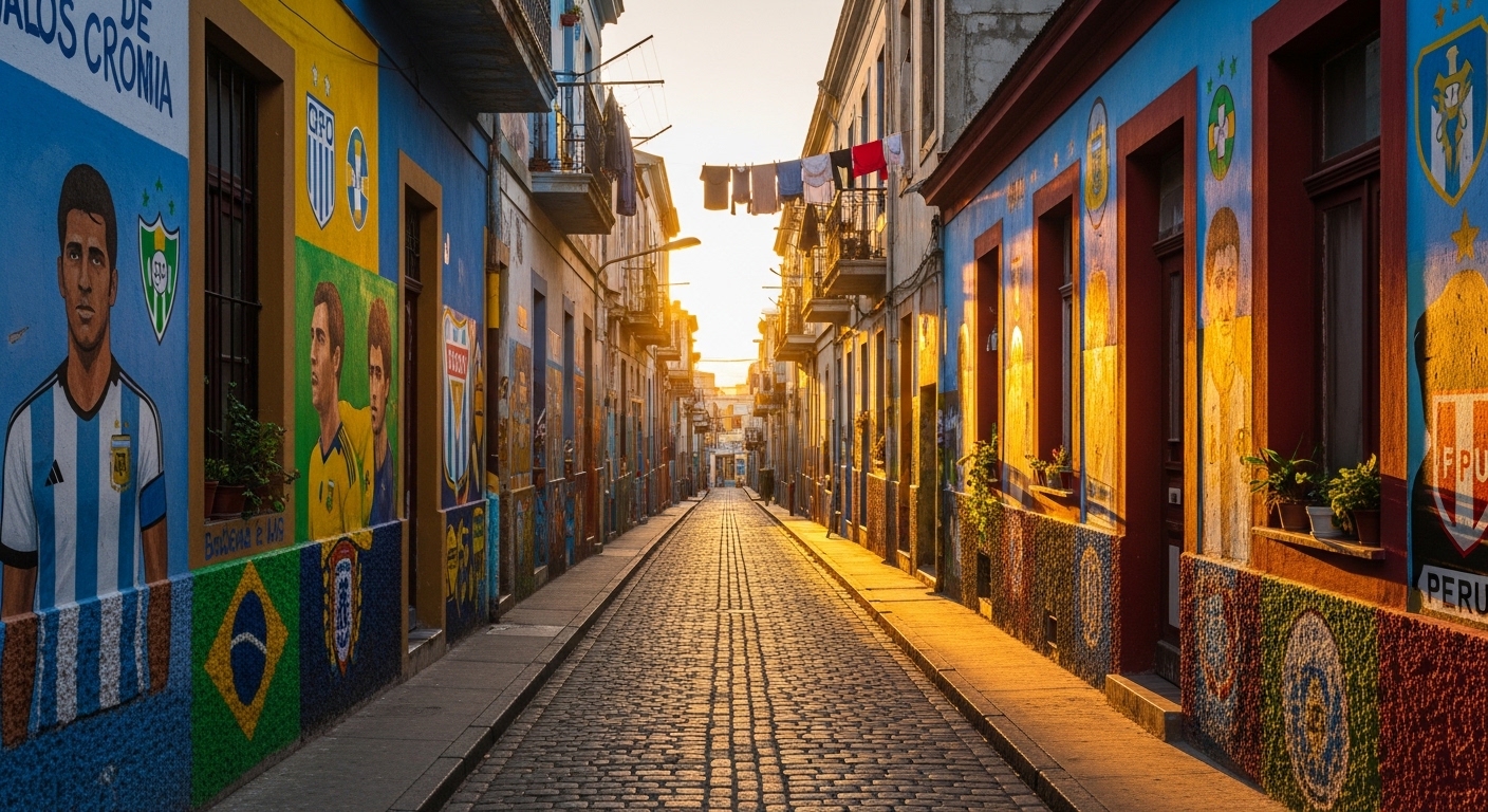 Soccer murals on urban street in South America