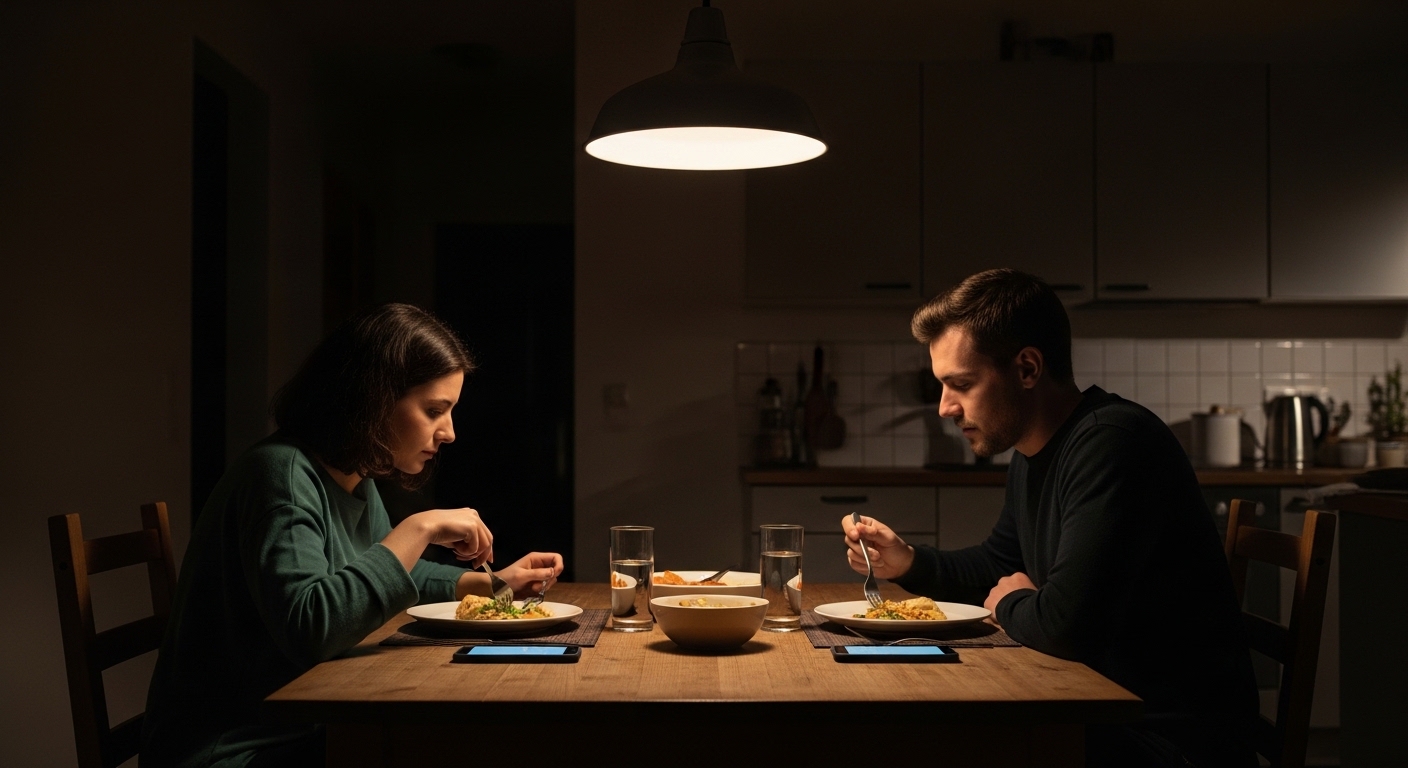 Pareja cenando con teléfonos sobre la mesa