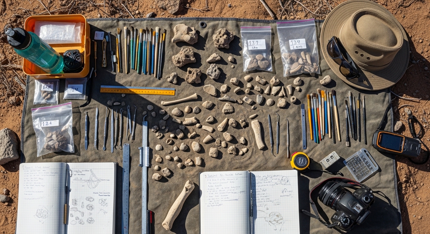 Overhead view of paleontologist field tools and fossil specimens