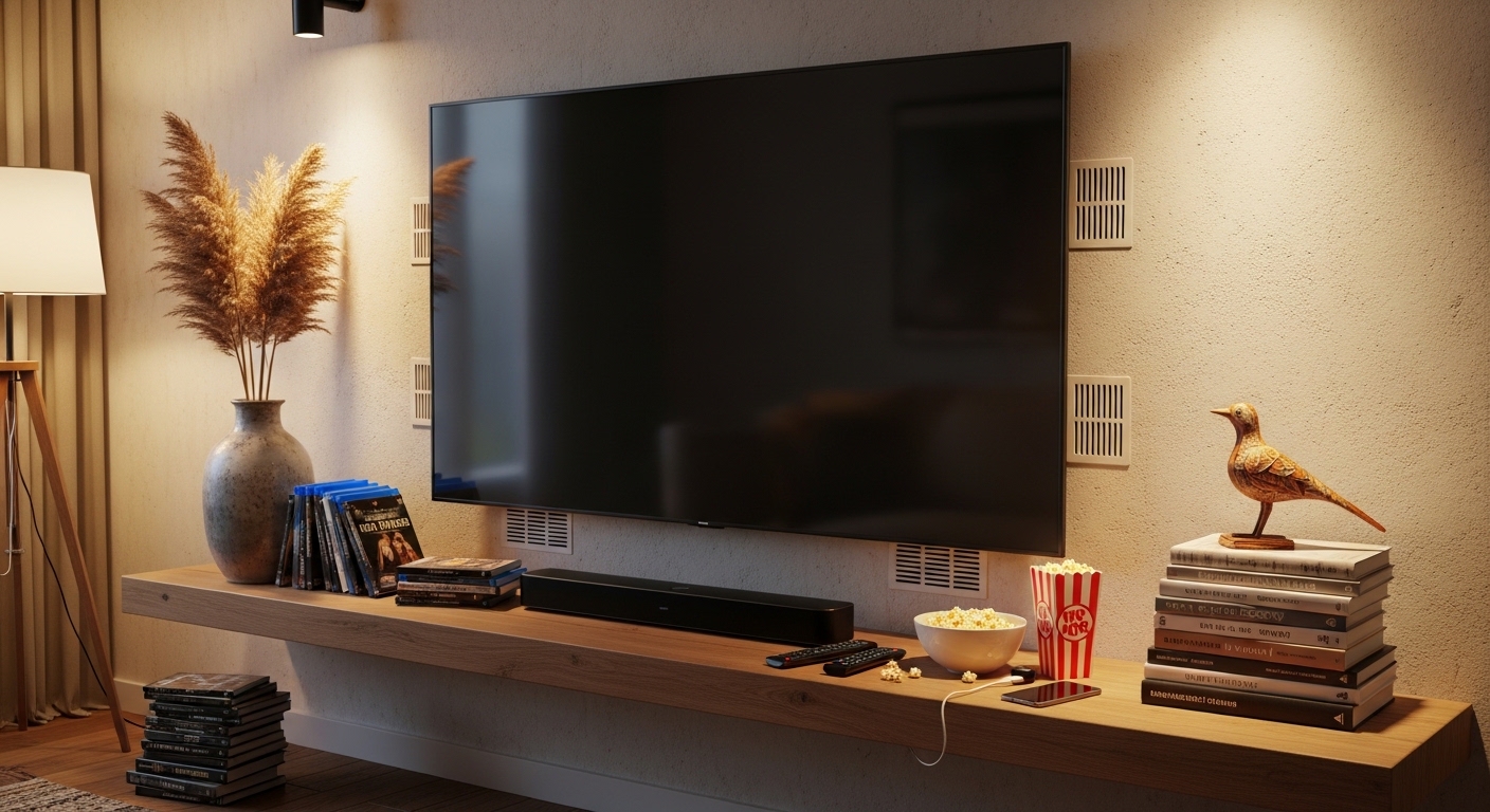 TV na parede com ventilação bloqueada por objetos