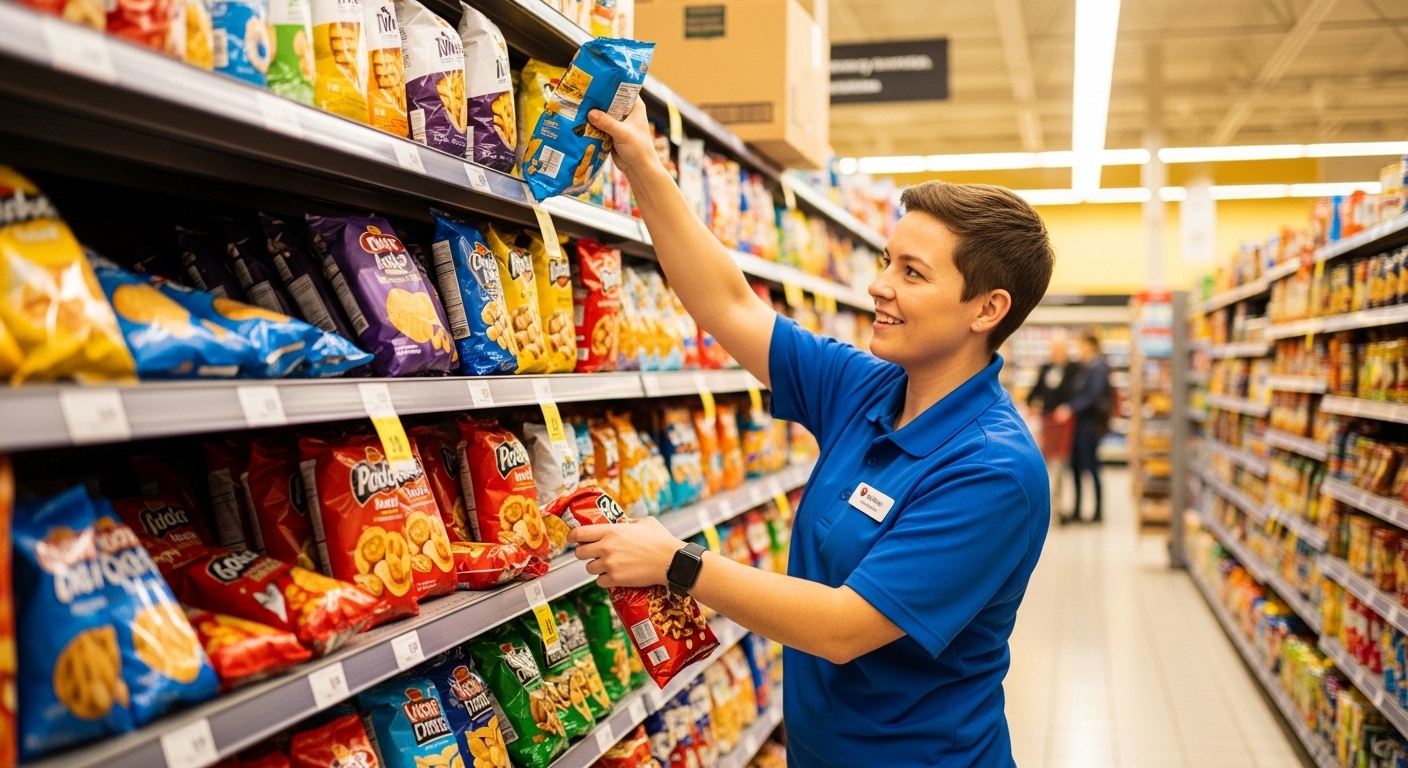 Grocery store worker rotating stock on shelves