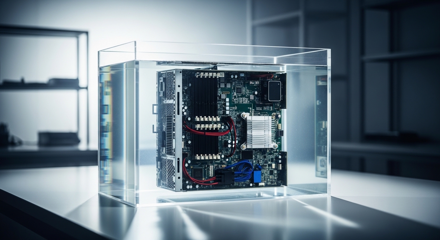 Server submerged in clear dielectric cooling fluid in a tank