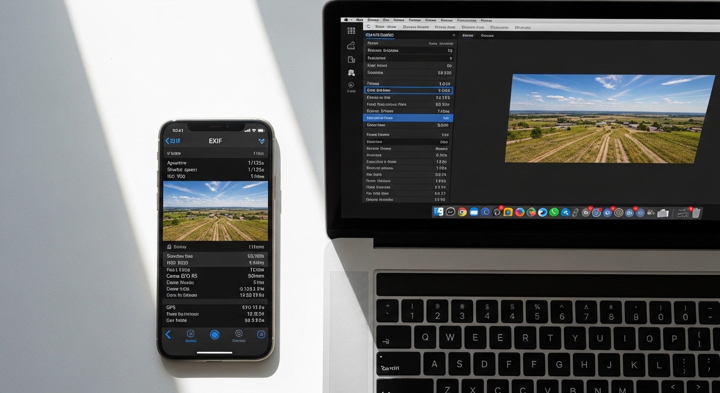 EXIF metadata comparison on smartphone and laptop