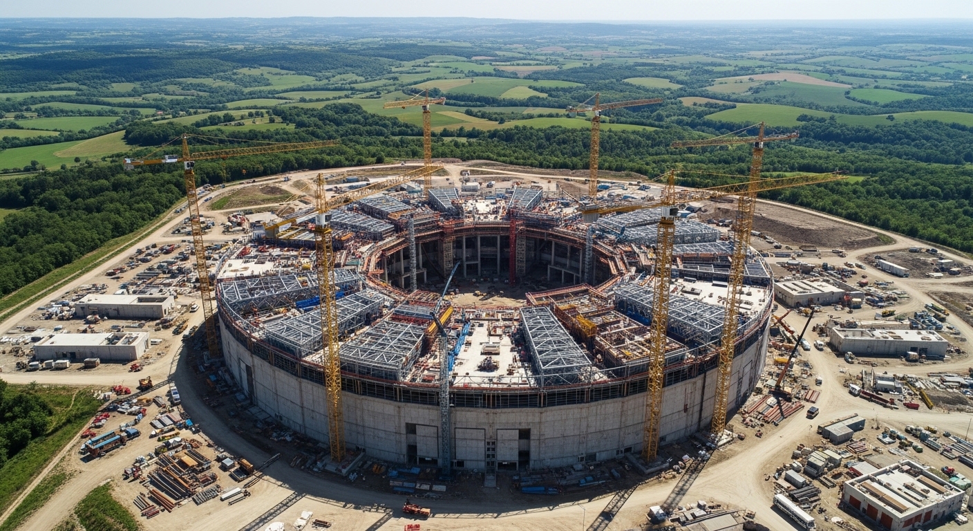 Aerial view of fusion research facility construction site