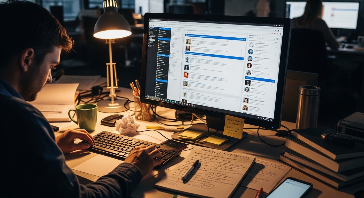 Journalist fact-checking sources at newsroom desk