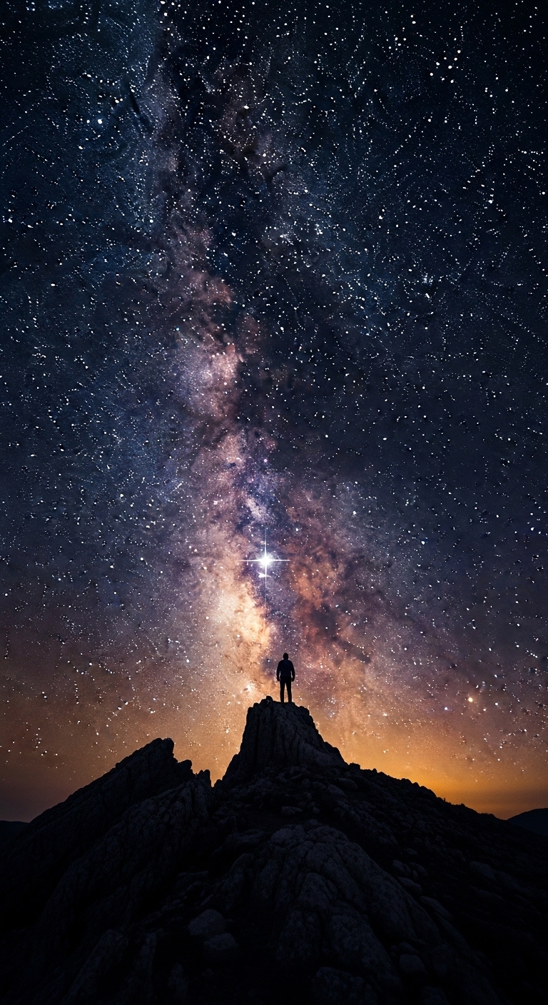 Person gazing at Milky Way night sky from hilltop