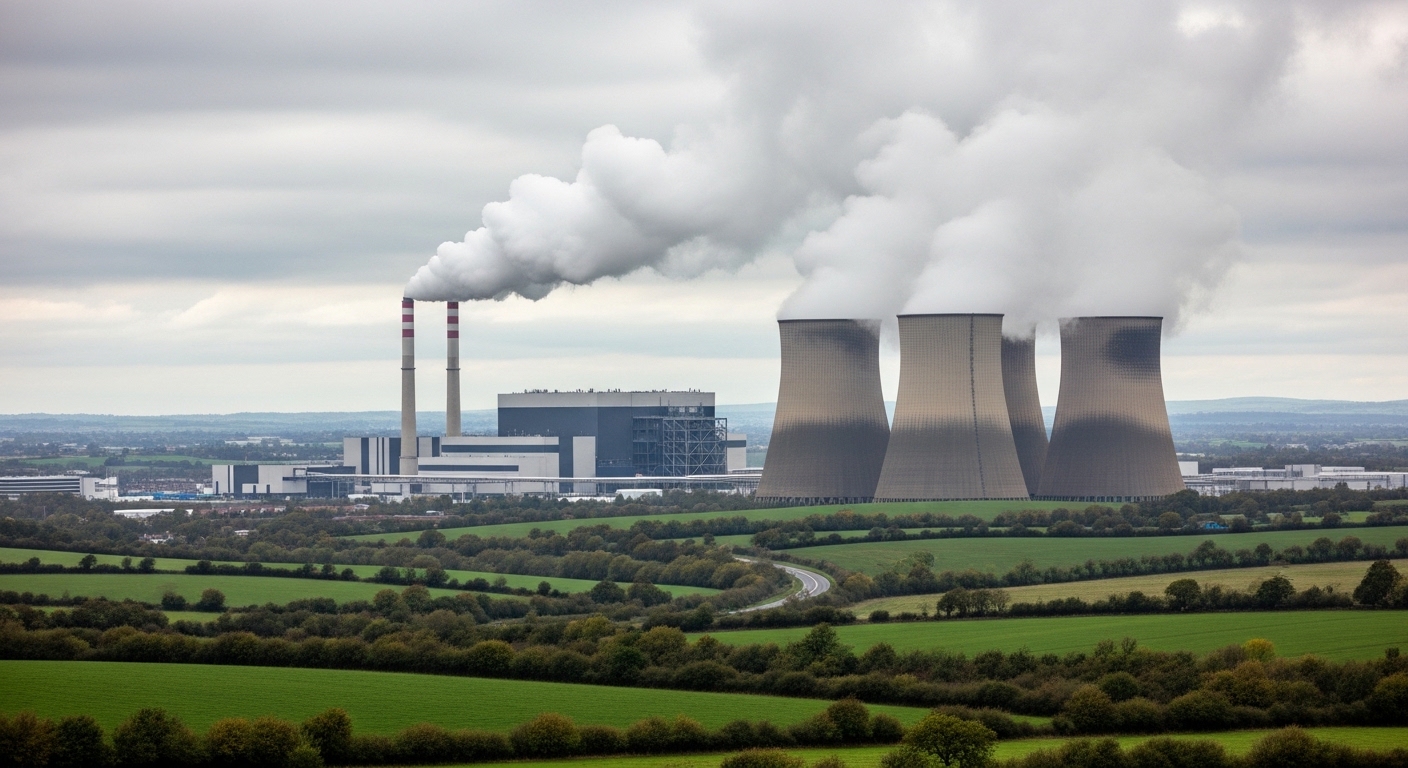 Data center cooling towers releasing steam in green countryside