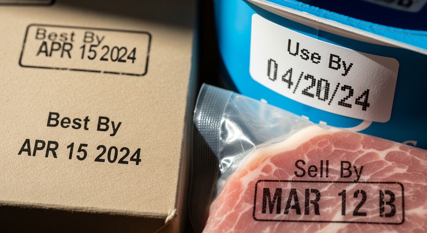 Close-up of food date label stamps on packaging