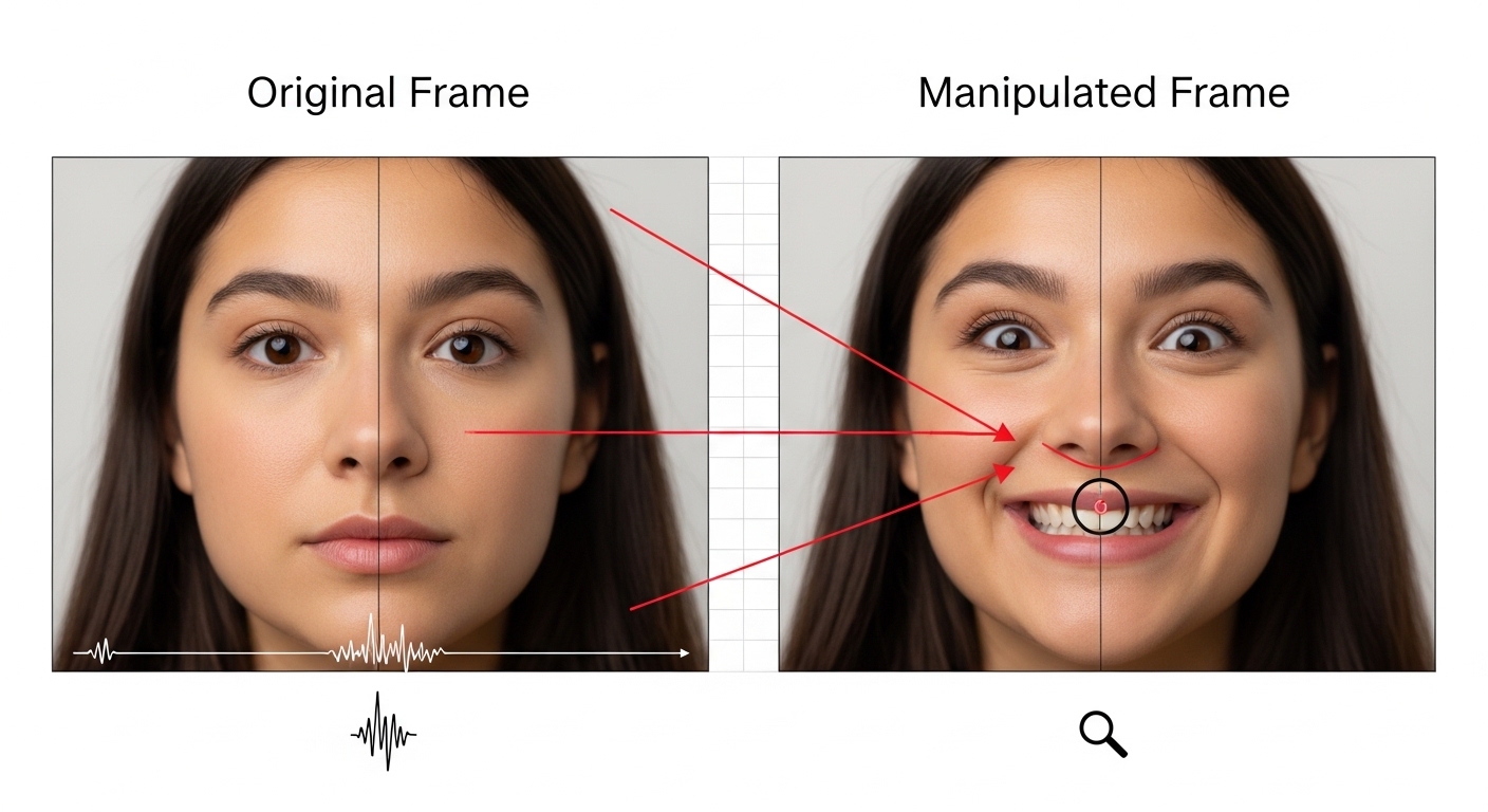 Diagram comparing authentic and partially manipulated video frame