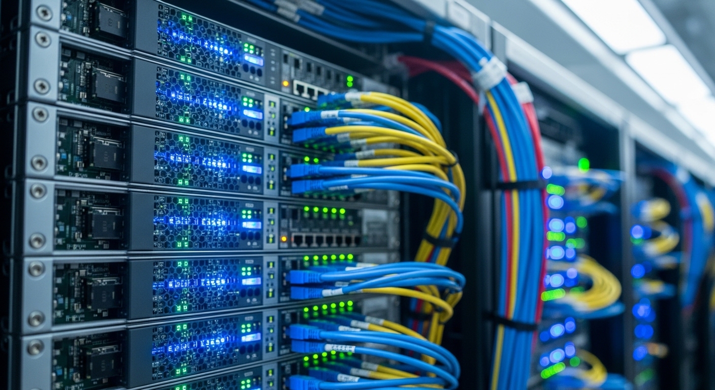 Close-up of server racks with glowing indicator lights