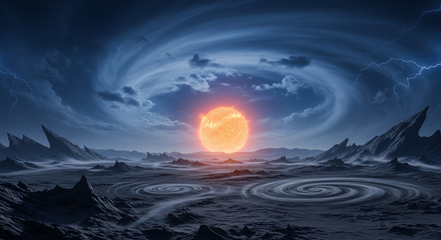 Alien exoplanet surface with extreme weather conditions