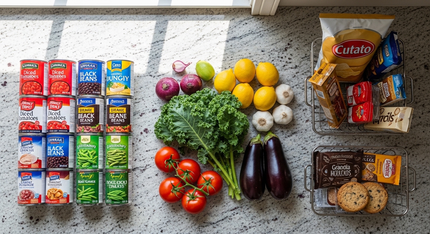 Overhead view of kitchen counter with various food items