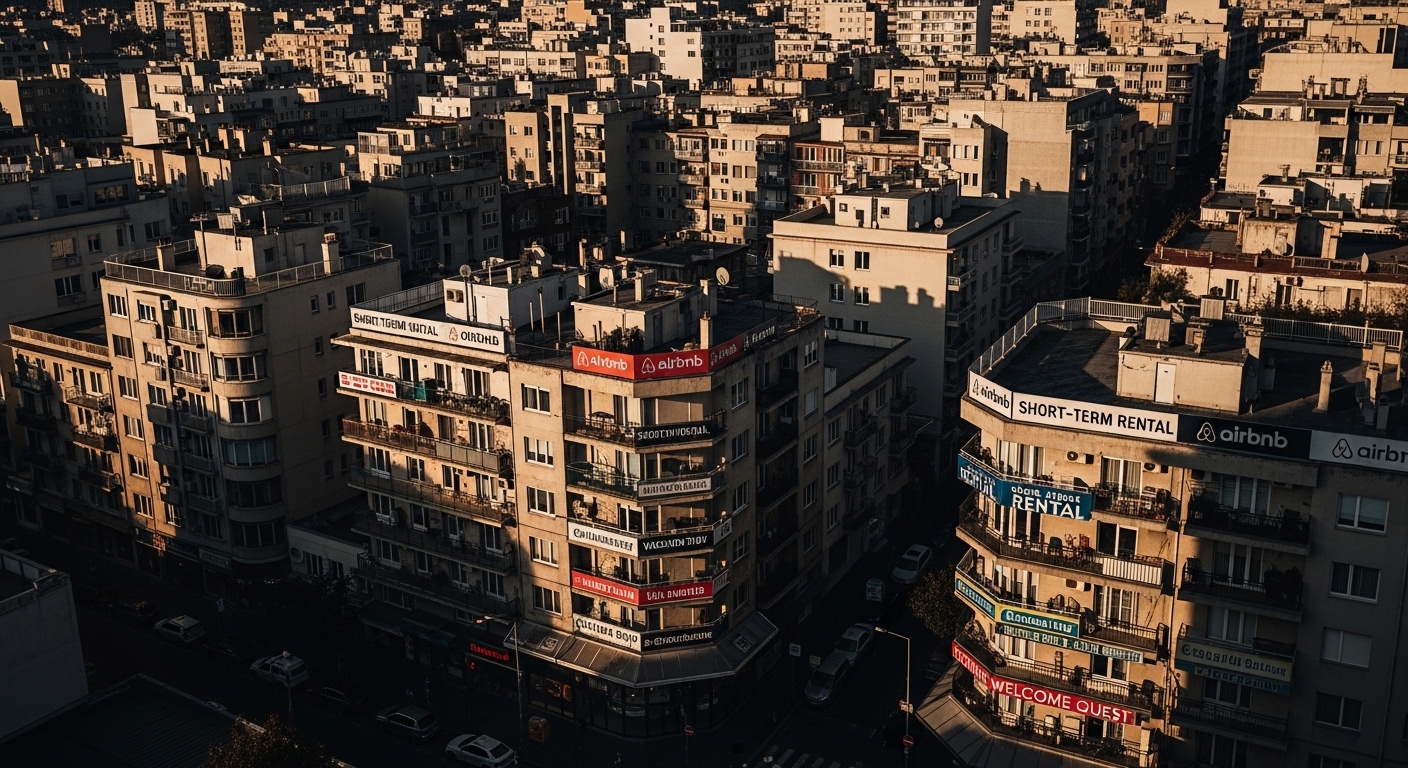 Urban neighborhood with short-term rental signs on buildings
