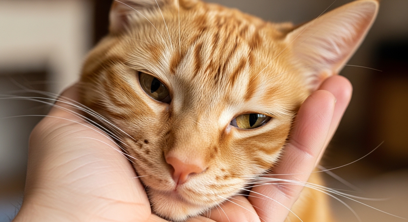 orange cat pressing cheek against human hand