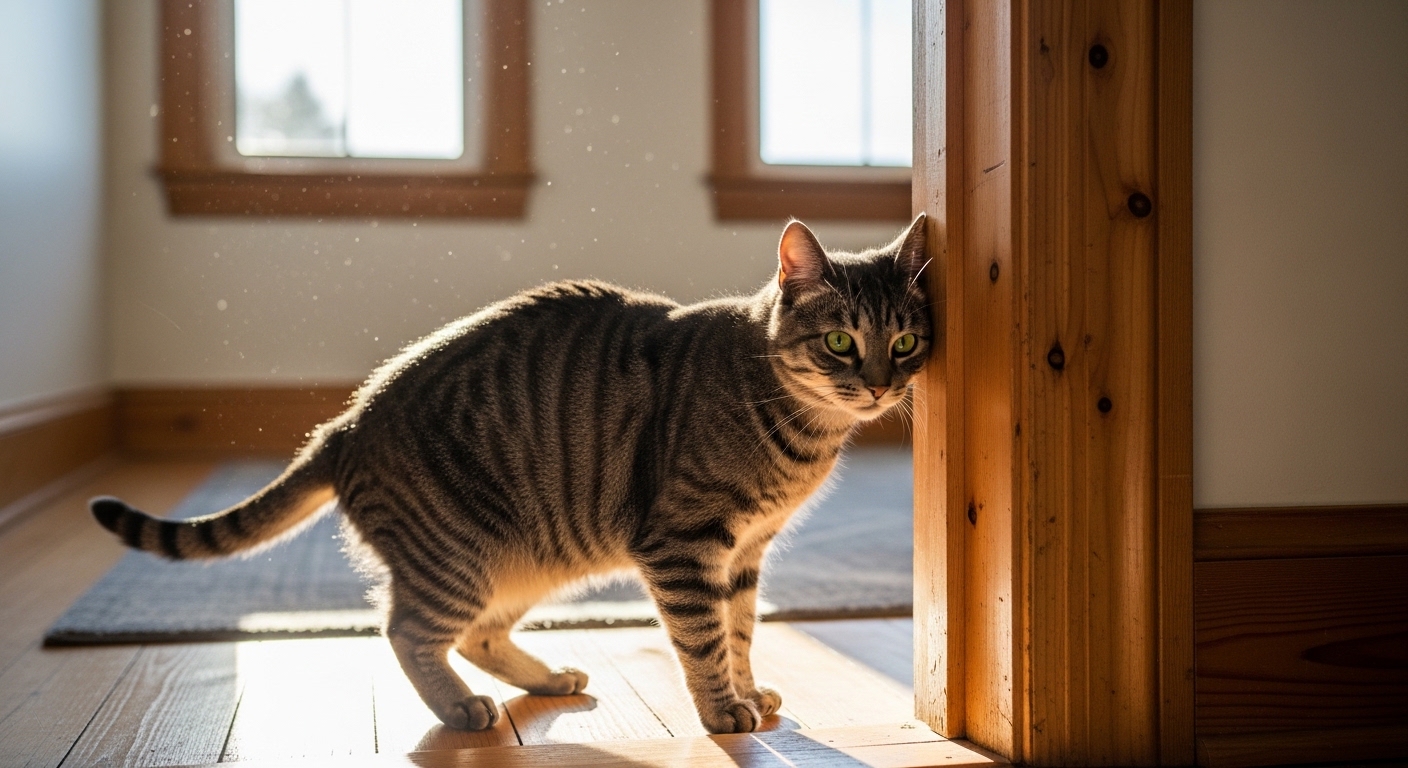 gray cat rubbing forehead on wooden doorframe corner