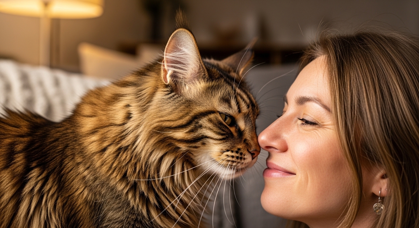 Maine Coon cat bumping forehead against woman's chin