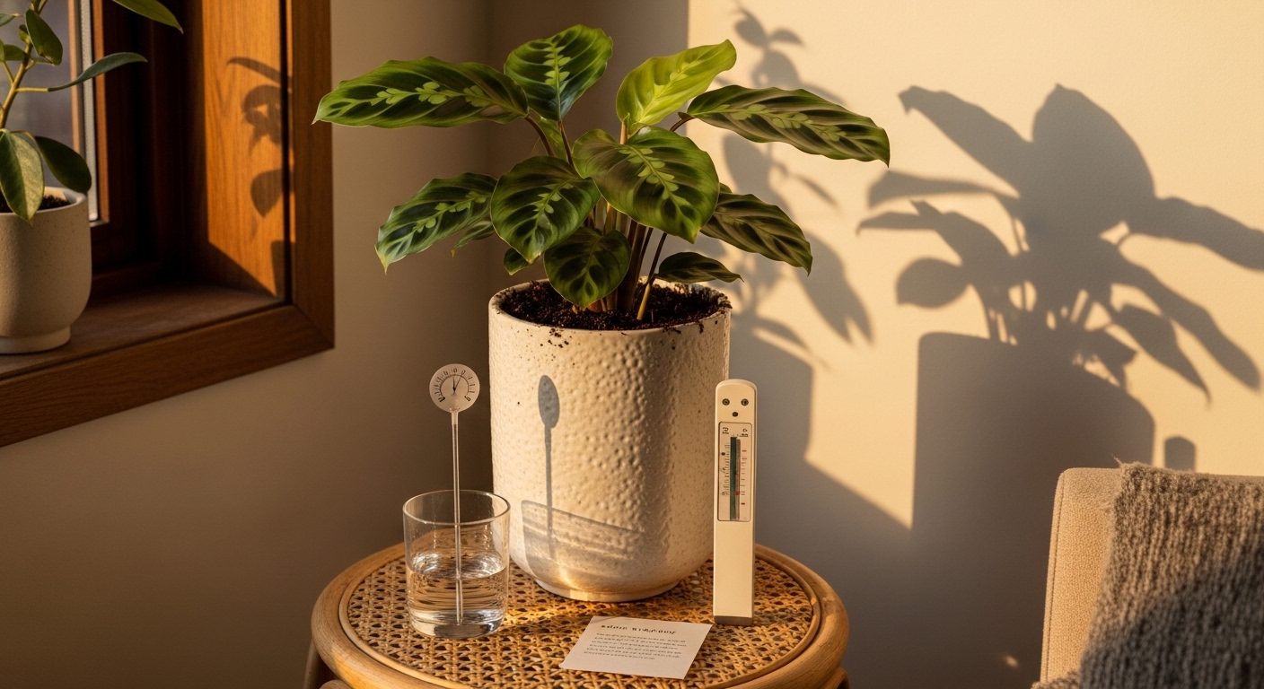 Calathea medallion on rattan stand with care tools in warm afternoon light