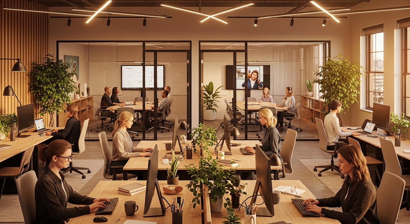 Modern coworking space with people working at desks