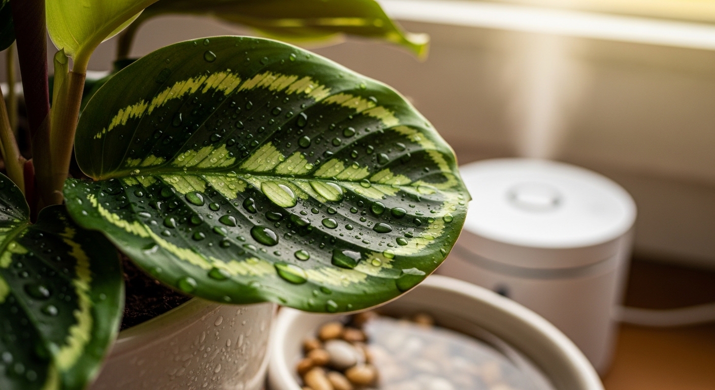 Calathea medallion leaf with water droplets in humid indoor setting