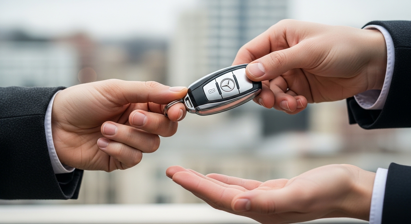 Two hands exchanging a car key in a city