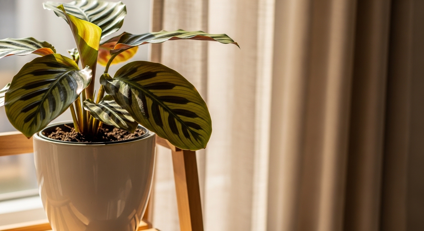 Calathea zebrina on wooden shelf in soft morning indirect light