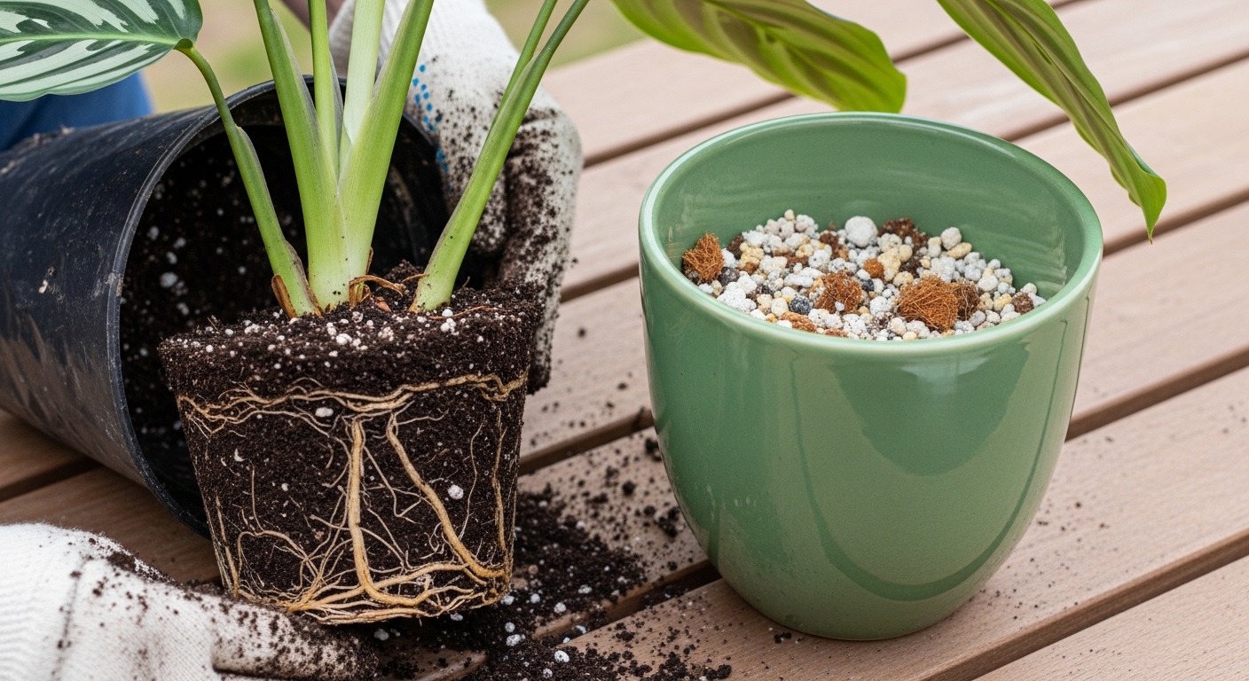 Calathea orbifolia being repotted into a sage ceramic pot in spring