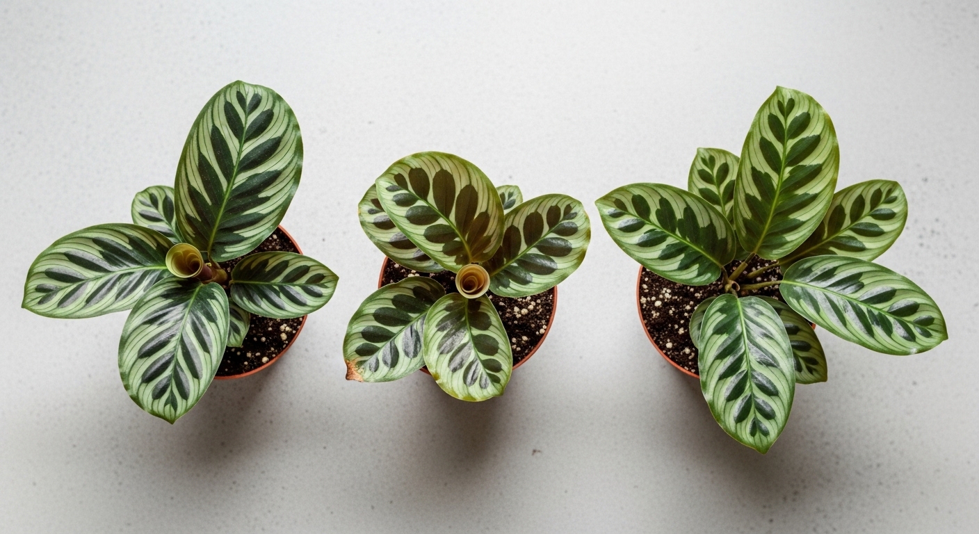 Four calathea varieties in terracotta pots arranged as flat lay