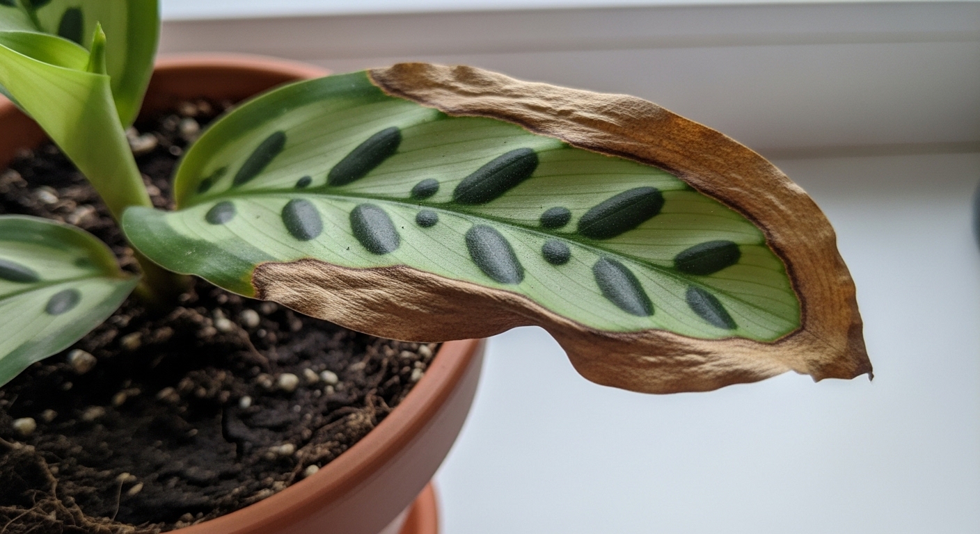 Calathea lancifolia leaf showing brown edges and curling symptoms