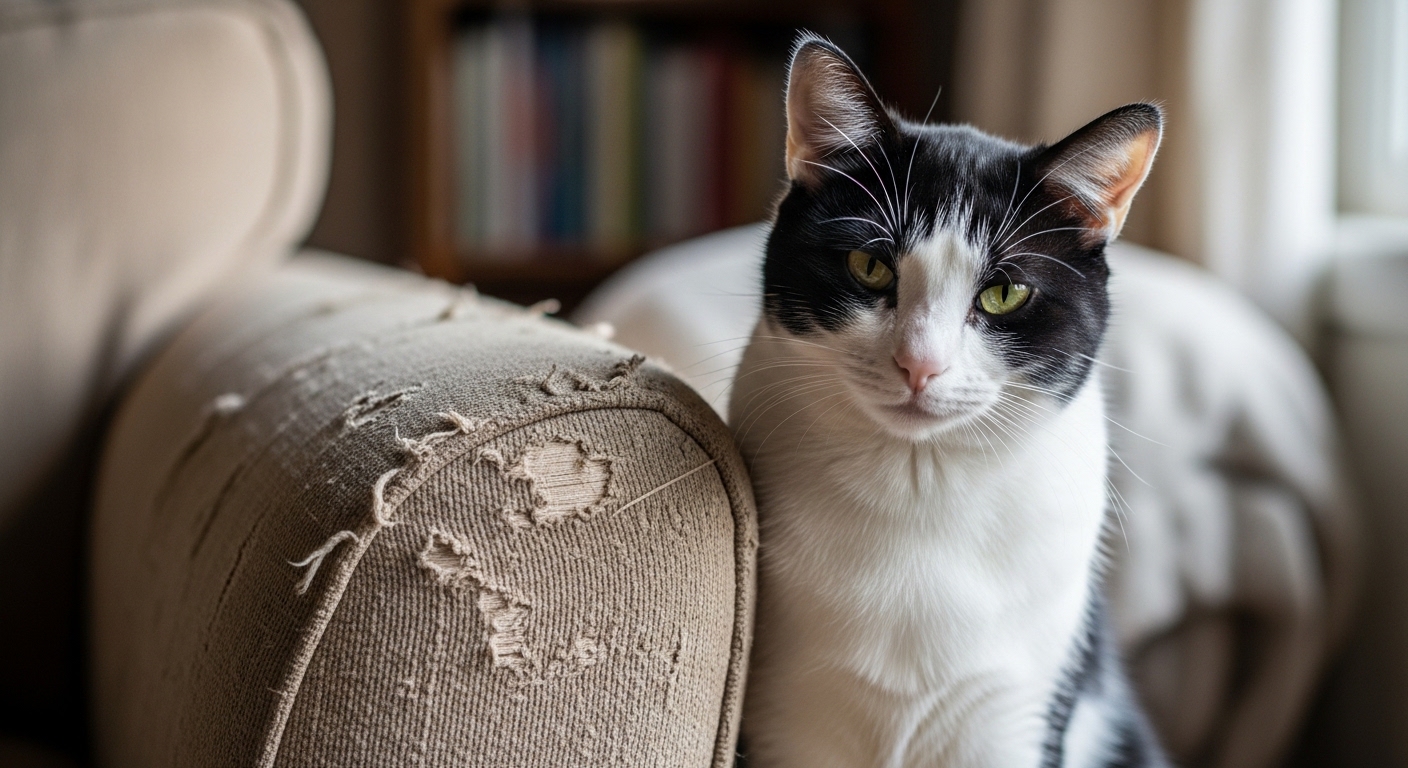 black and white cat sitting beside worn couch armrest