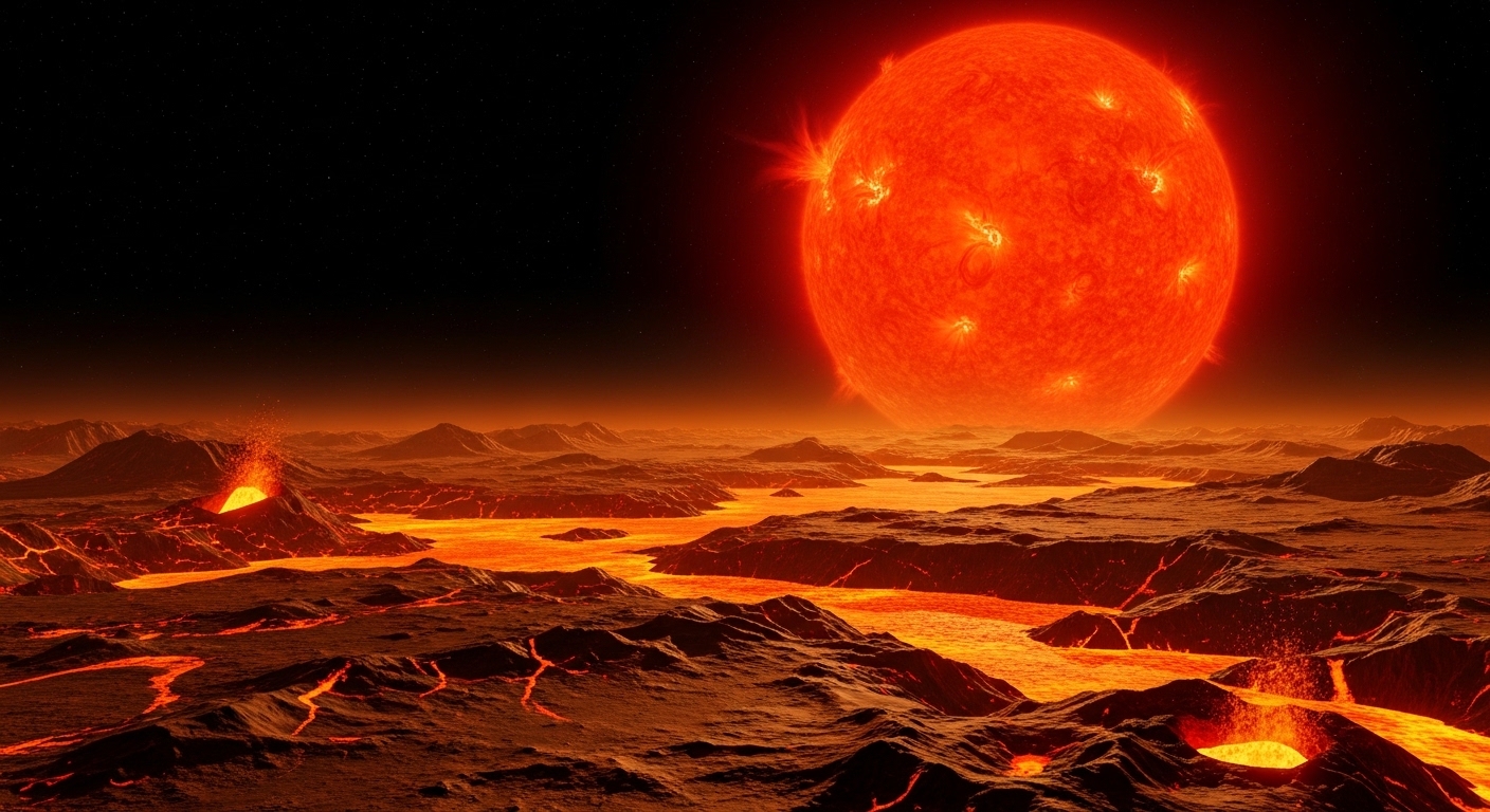 Scorched planet surface under an enormous red giant star