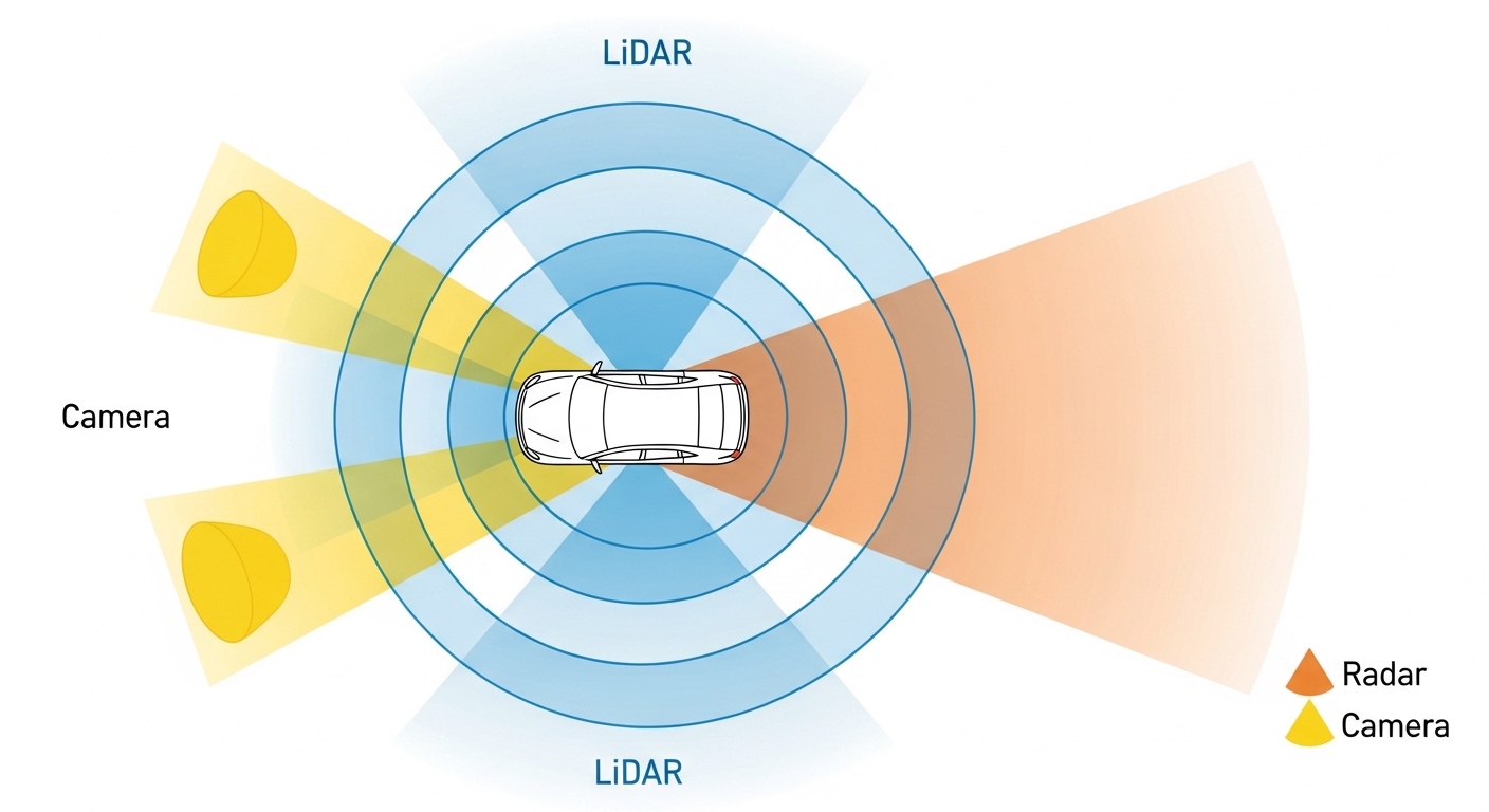 Schéma zones de couverture capteurs voiture autonome