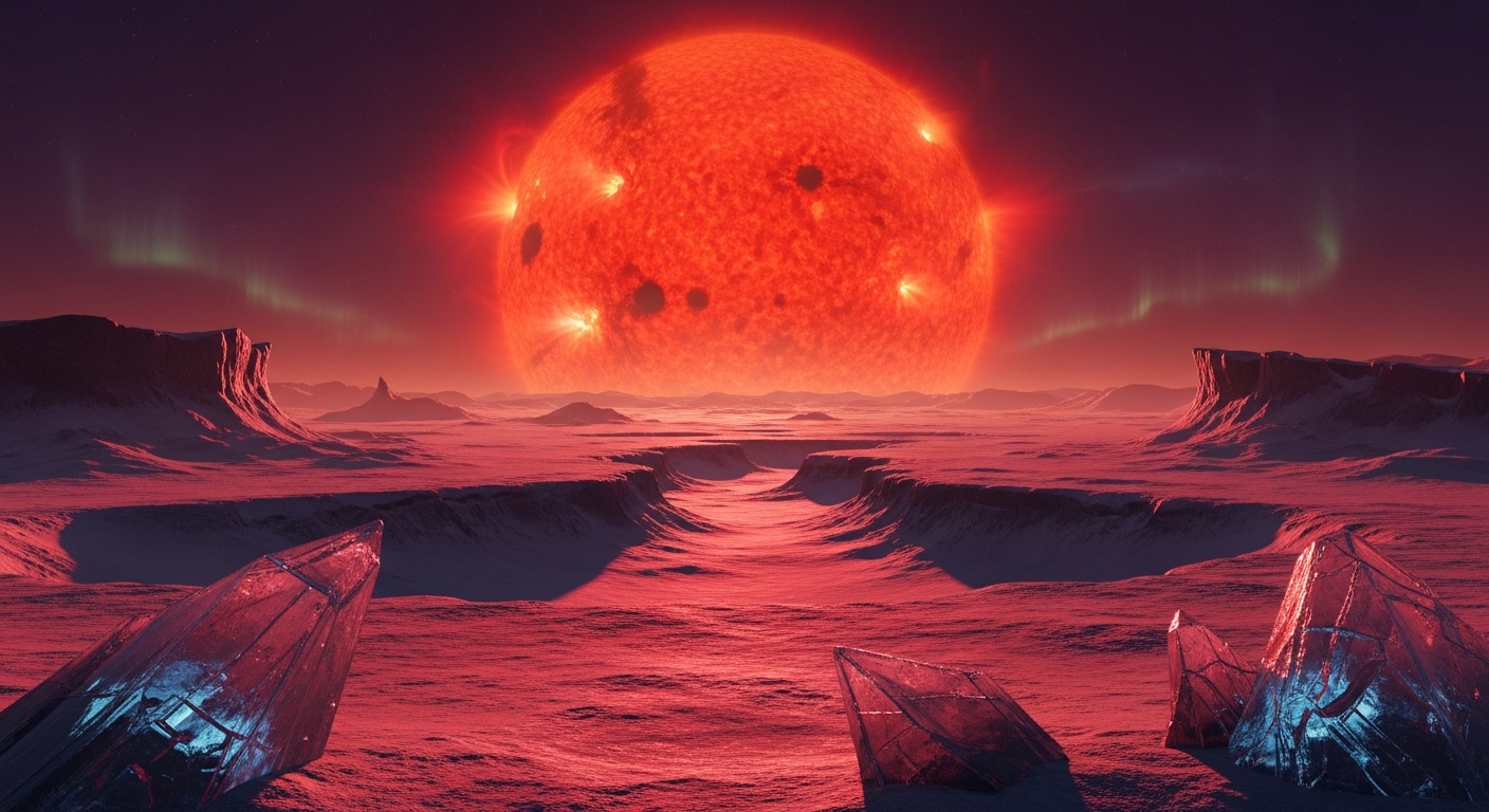 Icy moon surface under a red giant sun