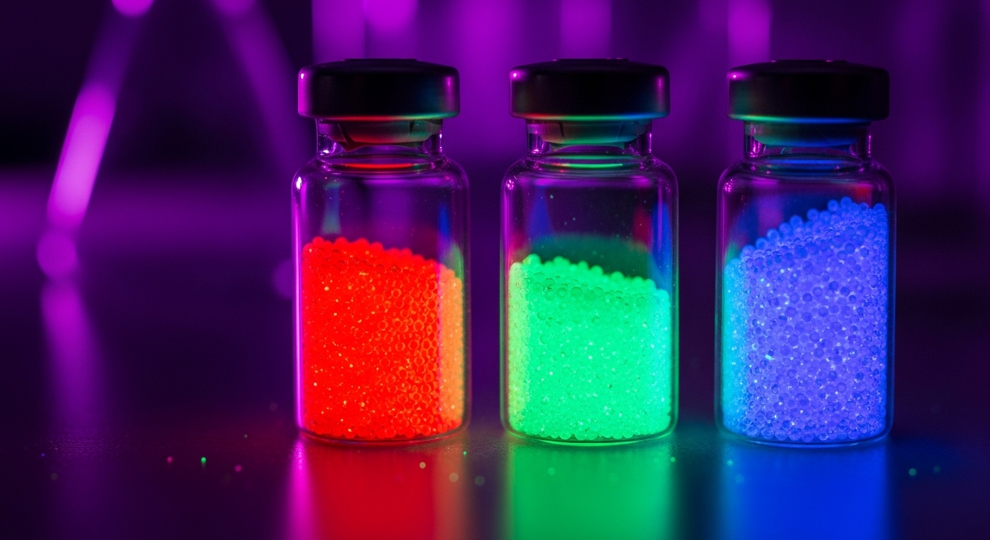 Quantum dot nanocrystals glowing in UV light vials