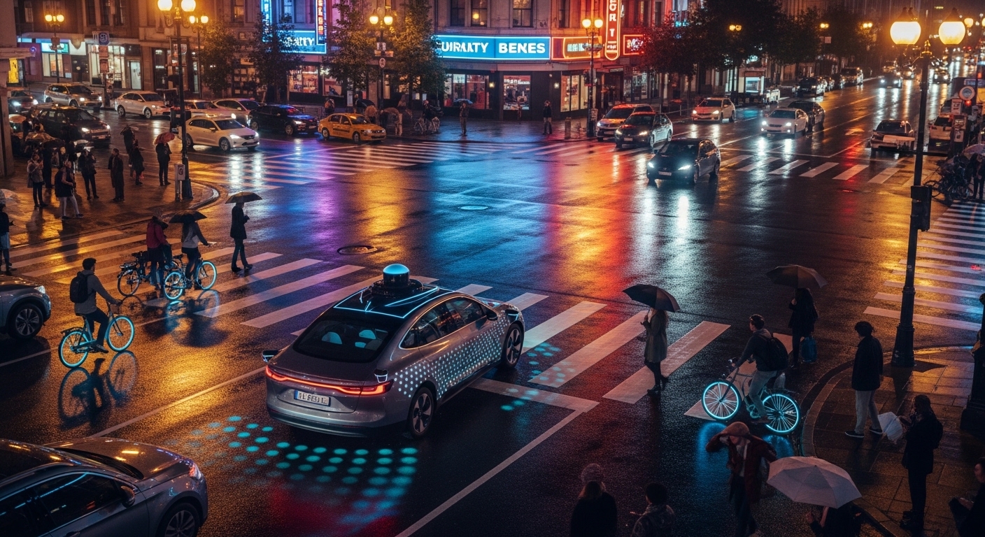 Voiture autonome carrefour urbain complexe de nuit