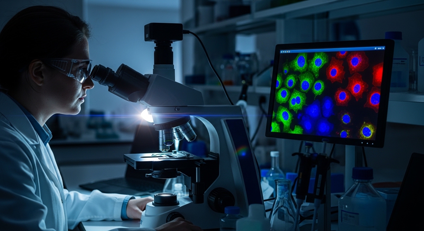 Researcher viewing quantum dot labeled cells under microscope