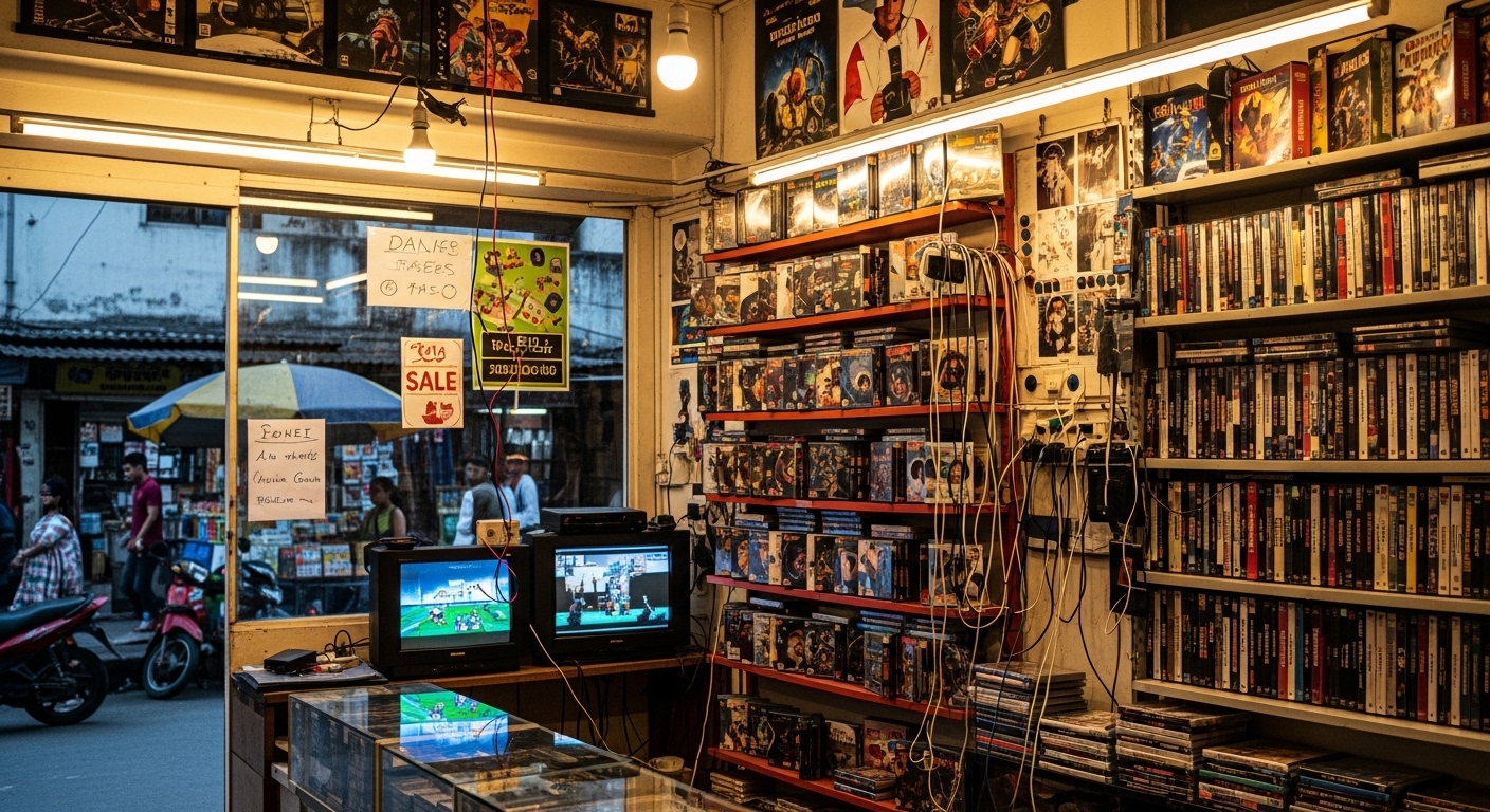 Tienda de videojuegos física en barrio urbano