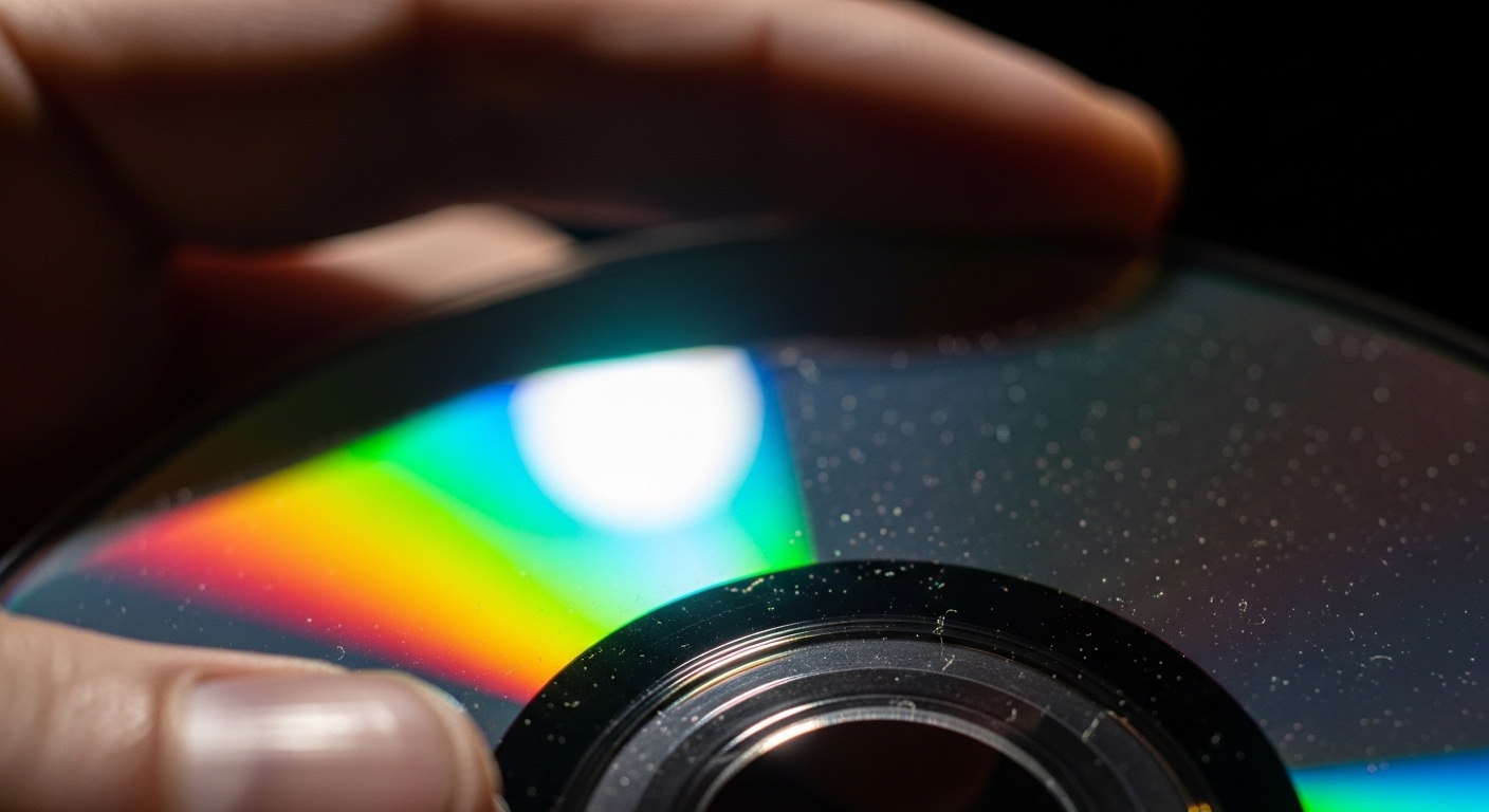 Disco de videojuego reflejando luz iridiscente
