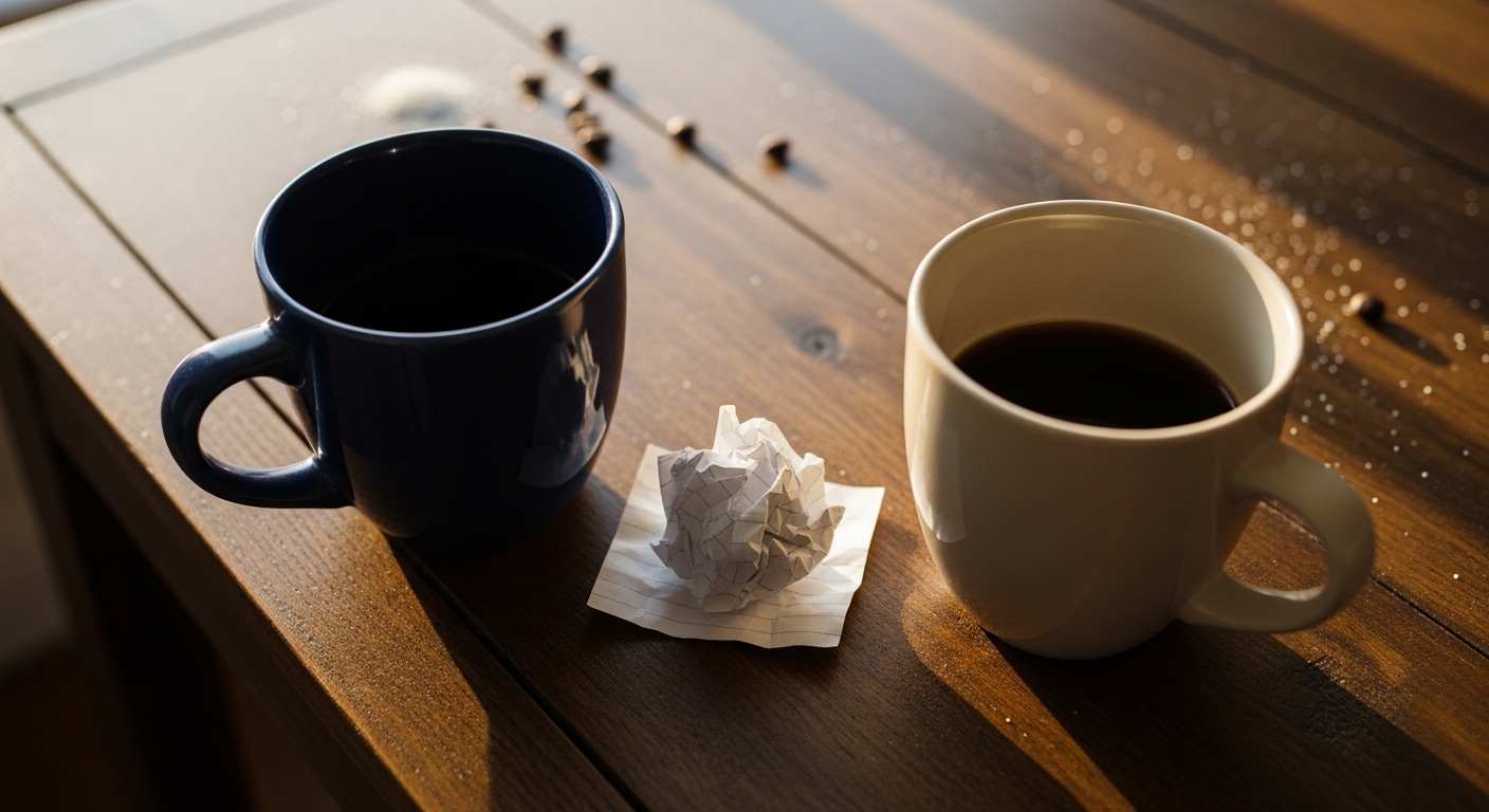 Two coffee mugs and handwritten note on table
