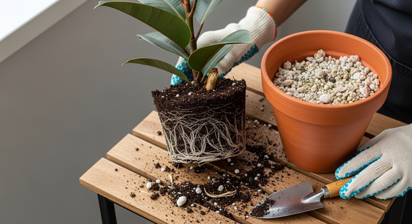 Ficus elastica root ball exposed during repotting on a wooden outdoor potting bench.