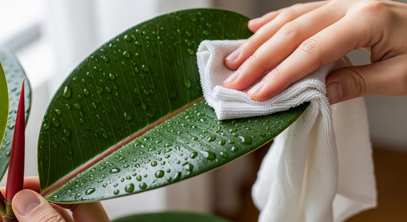 Hand wiping a glossy Ficus elastica leaf with a damp cloth, water droplets visible.
