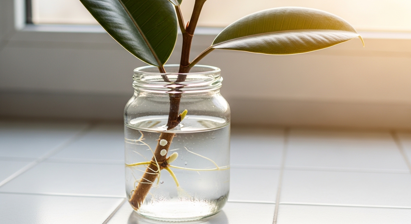 Ficus elastica stem cutting in a clear glass jar with tiny white roots emerging in water.