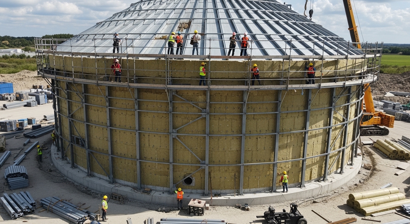 Overhead view of thermal storage silo under construction