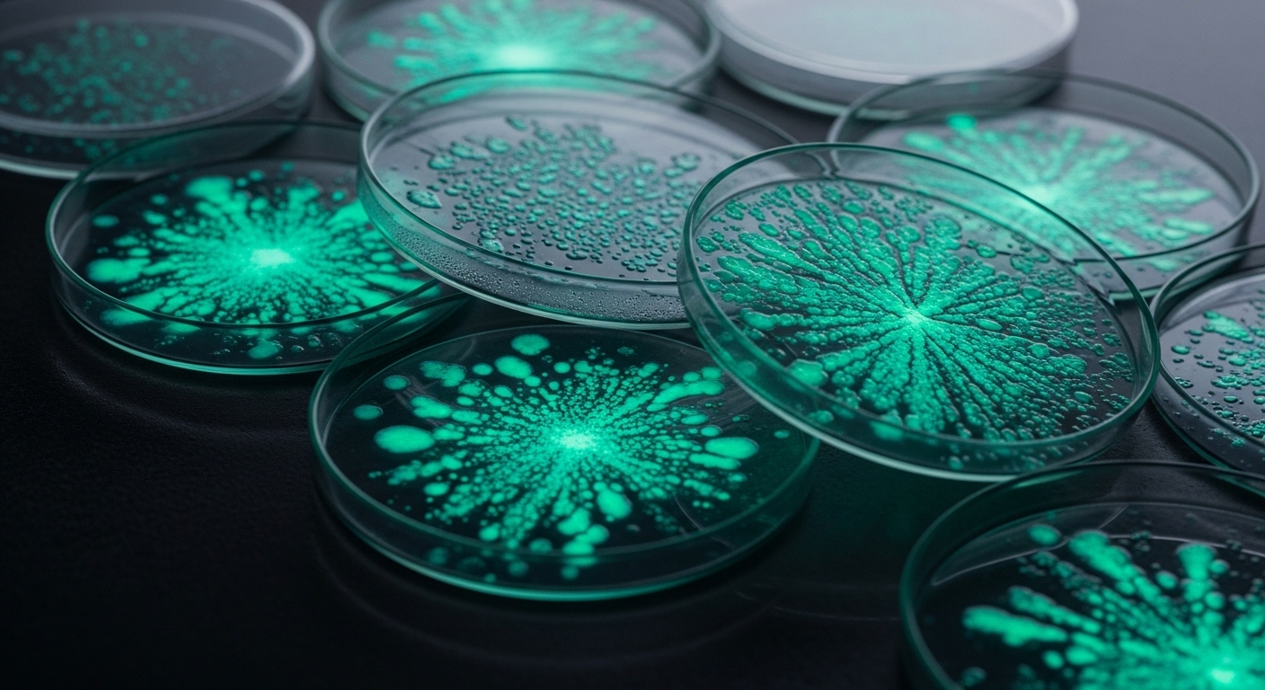 Bioluminescent bacterial colonies in petri dishes