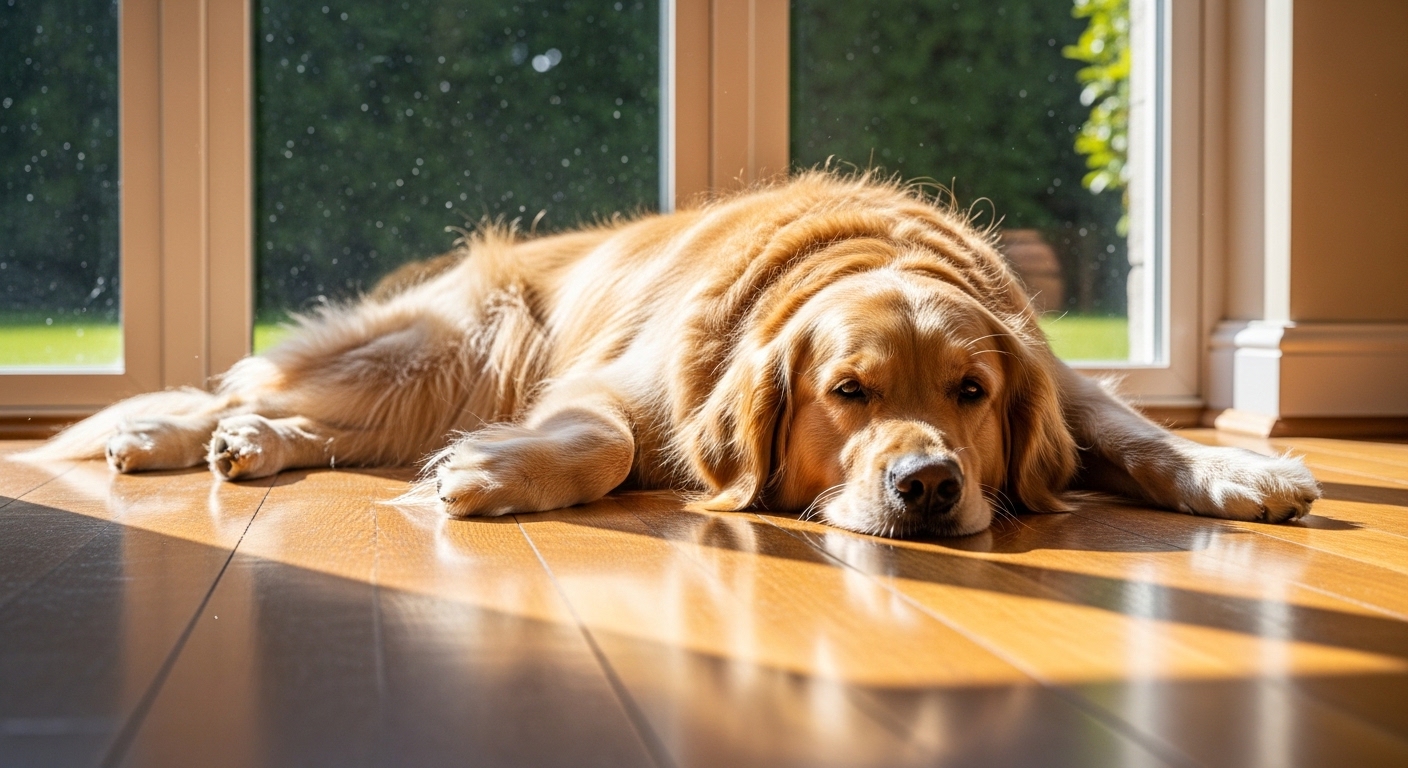 golden retriever resting peacefully on floor in warm sunlight