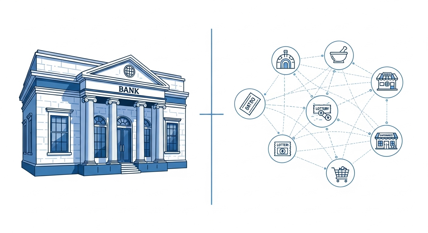 Diagrama comparando agência tradicional com rede de correspondentes bancários