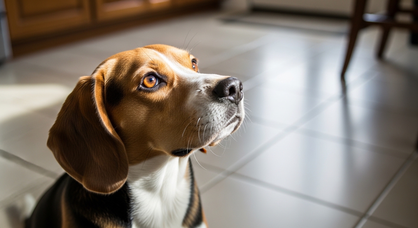 beagle sitting on kitchen floor looking up expectantly at owner